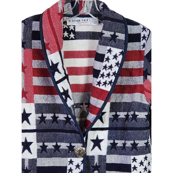 Vintage 90s Bedford Fair Americana Tapestry Jacket Concho Button USA Flag MP - Picture 4 of 9